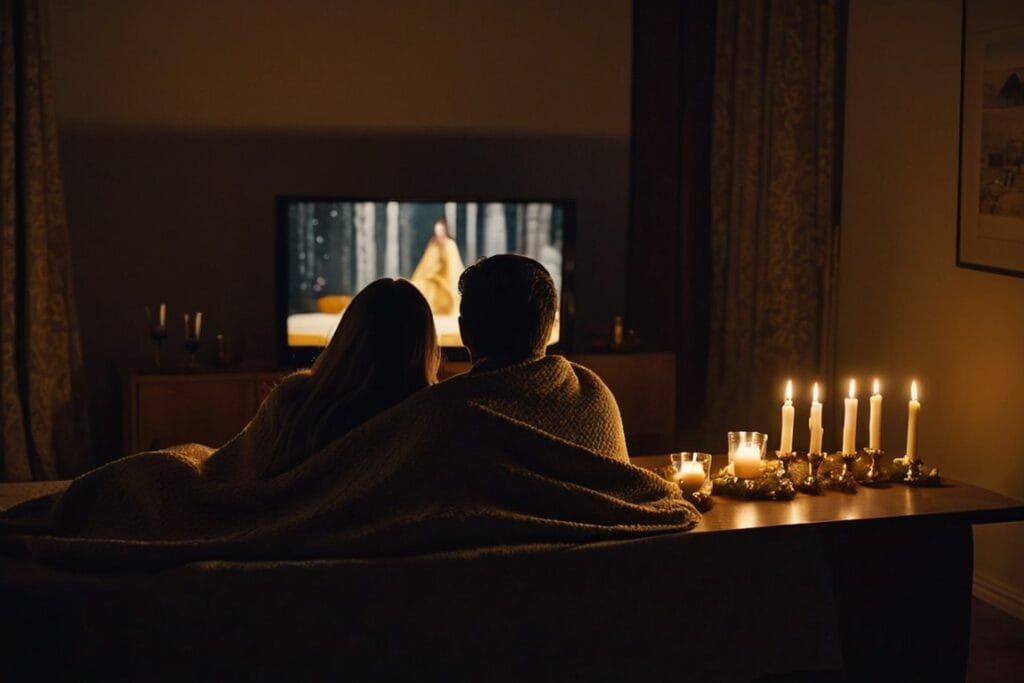 couple devant la télé avec des bougies 
