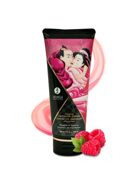 Crème de massage comestible Shunga goût framboise, texture onctueuse sensuelle pour moments intimes