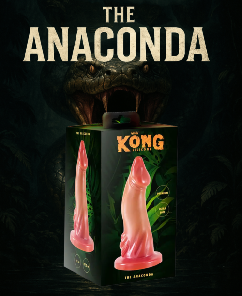 Gode The Anaconda Kong Silicone 22 cm en silicone médical avec ventouse invisible, texture réaliste et souple pour sensations profondes. boite devant serpent