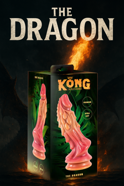 Gode The Dragon en silicone médical avec ventouse, design inspiré des créatures fantastiques, texture à reliefs pour sensations intenses. Boite devant visuel Dragon