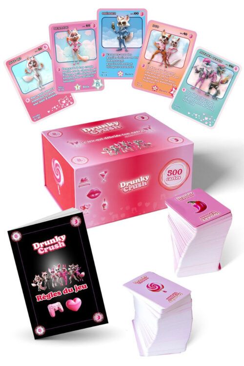 Jeu de cartes Drunky Crush pour couples, boîte rose 500 cartes, jeu d’apéro drôle et complice pour soirée à deux
