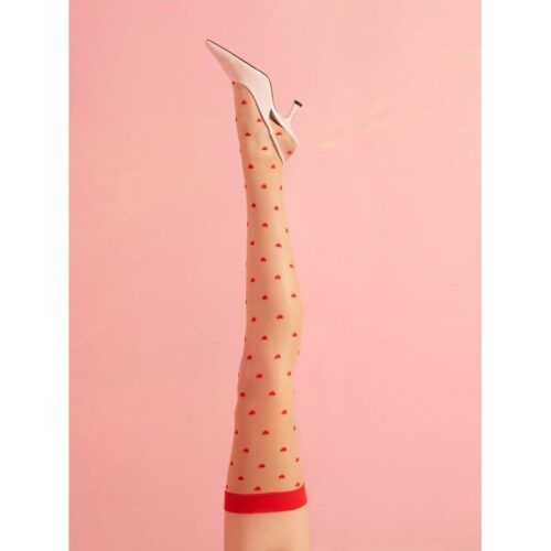 Bas Love Booster 15 DEN couleur poudre avec petits cœurs rouges, lingerie élégante et sensuelle