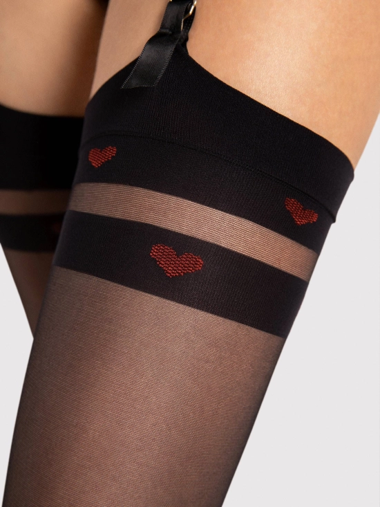 Bas noirs Fiore pour porte-jarretelles, détail du motif cœur