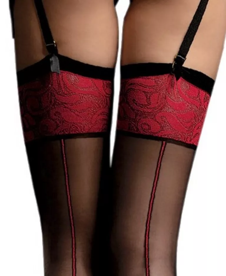 Détail du revers rouge arabesque des bas Scarlett Fiore