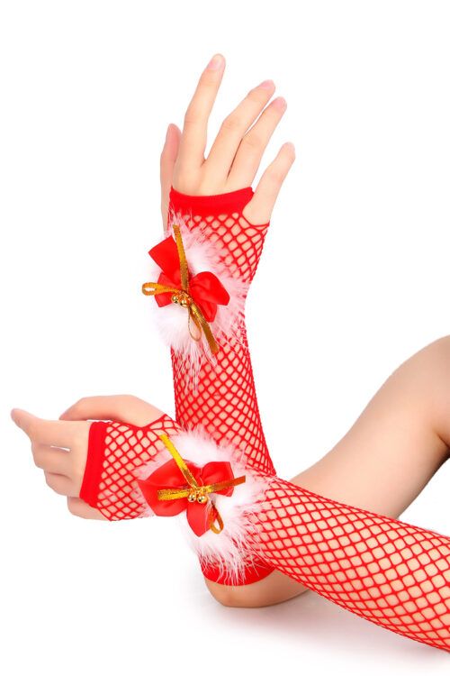 Mitaines rouges en résille avec nœuds dorés et plumes blanches – accessoire de Noël