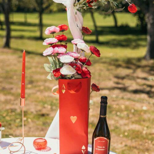 Sac cadeau pour bouteille Dame de Cœur rouge et or