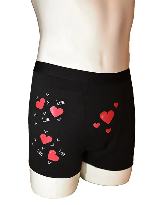 Boxer homme noir décoré de cœurs rouges et inscription Love, lingerie romantique sexy pour couple