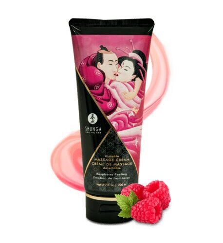 Crème de massage comestible Shunga goût framboise, texture onctueuse sensuelle pour moments intimes