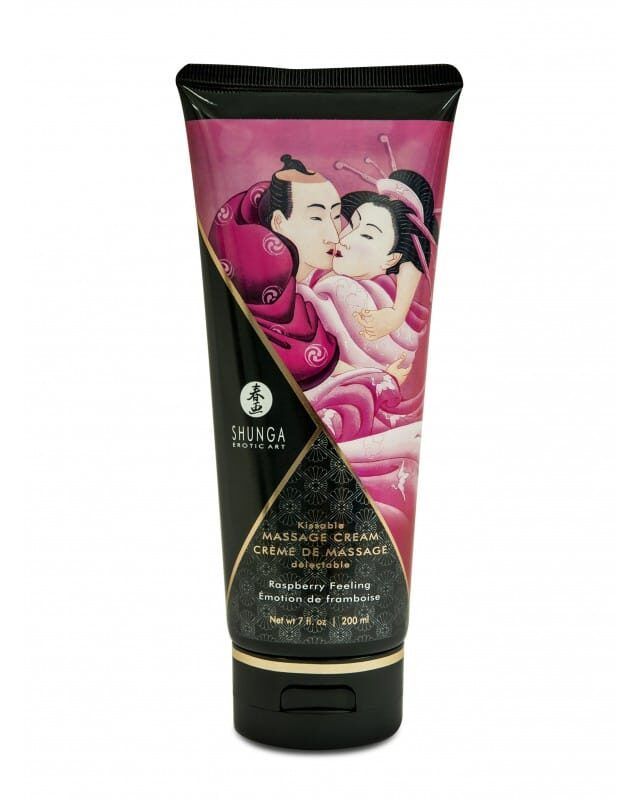 Crème de massage comestible Shunga goût framboise, texture onctueuse sensuelle pour moments intimes