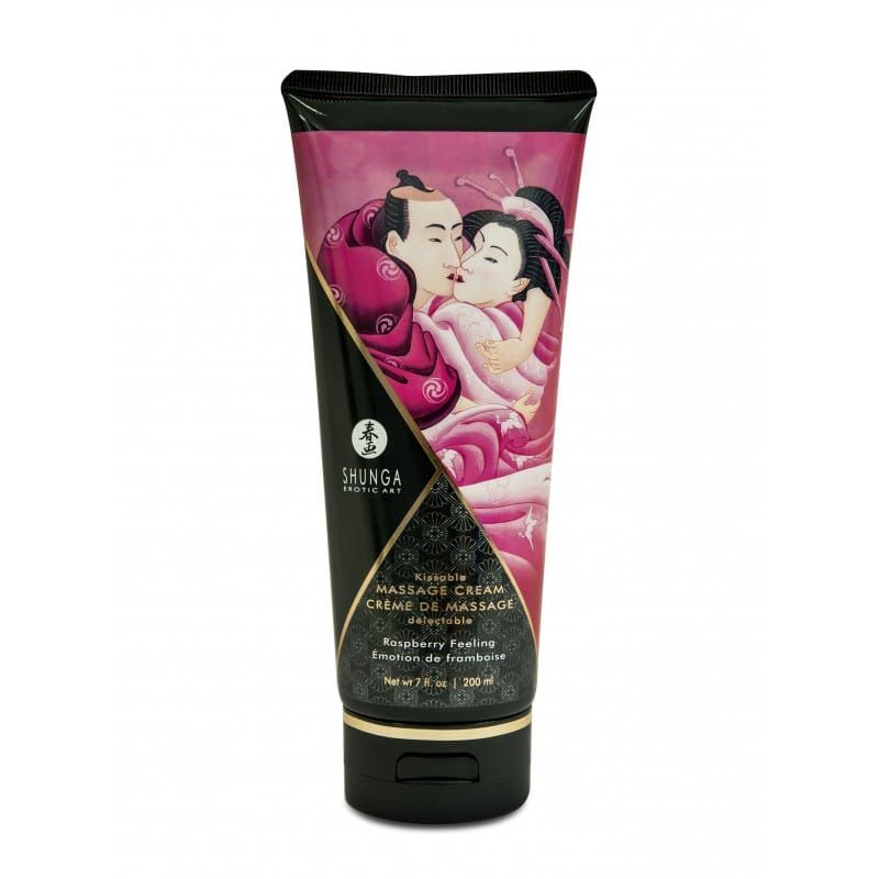 Crème de massage comestible Shunga goût framboise, texture onctueuse sensuelle pour moments intimes