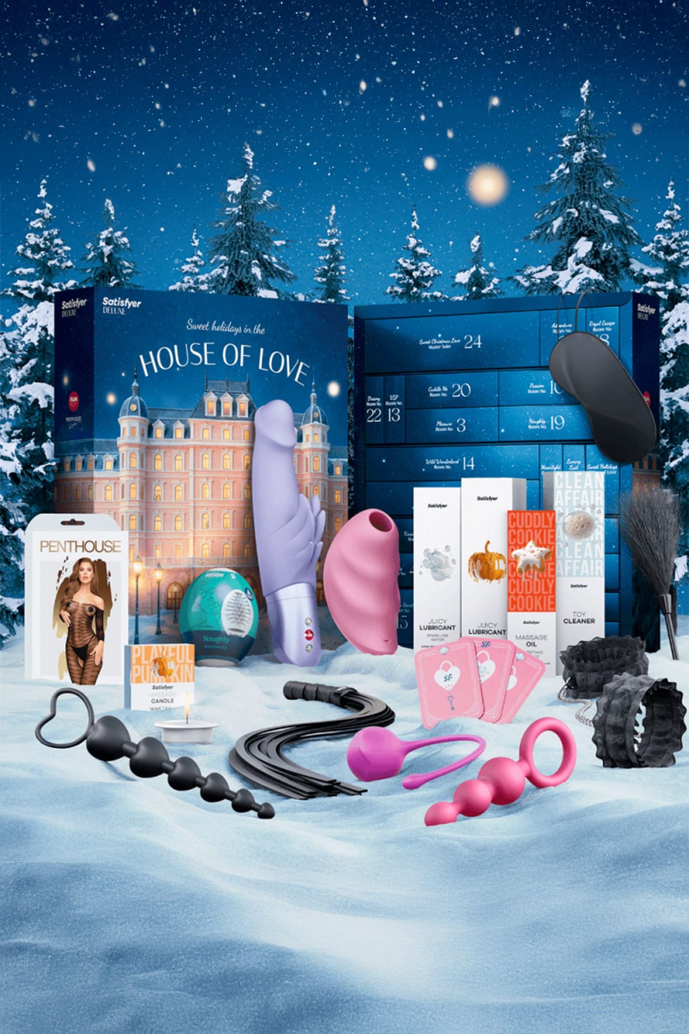 Calendrier de l’Avent Coquin Deluxe 2025 House of Love avec 24 surprises érotiques, sextoys Satisfyer et lingerie Penthouse