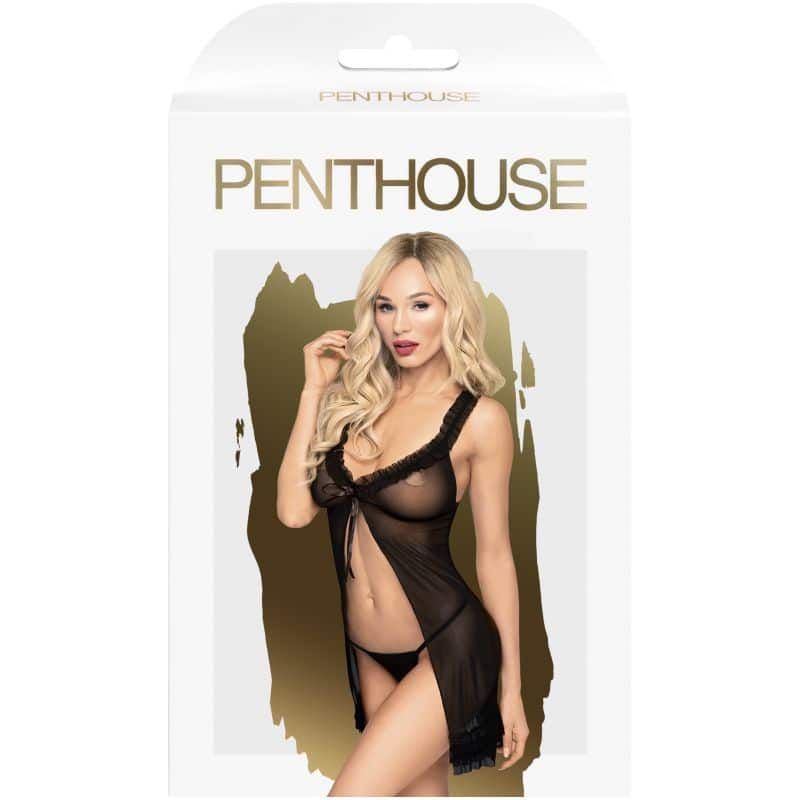 Babydoll After Sunset noir, lingerie sexy en maille transparente avec volants et string assorti