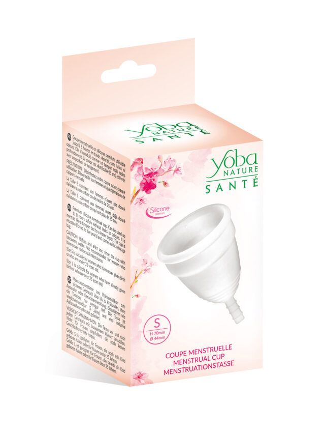 Coupe menstruelle Yoba Nature Santé en silicone médical, taille S,M et L, avec pochette satinée rose