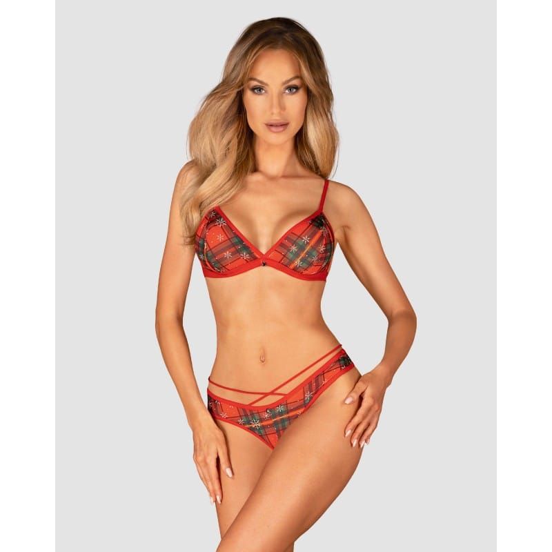 Ensemble lingerie de Noël rouge avec bretelles croisées, pendentif doré et culotte assortie