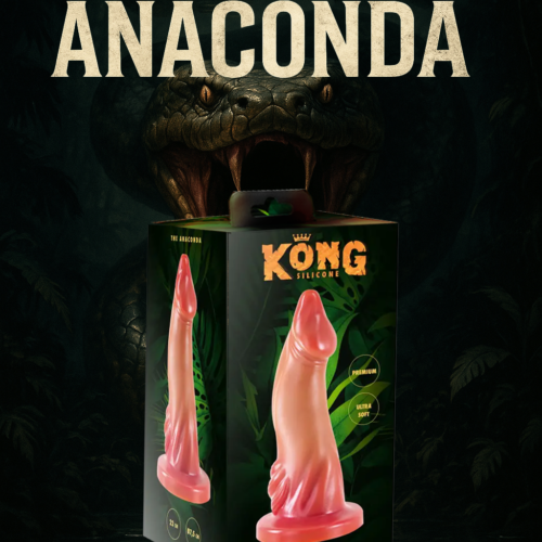 Gode The Anaconda Kong Silicone 22 cm en silicone médical avec ventouse invisible, texture réaliste et souple pour sensations profondes. boite devant serpent
