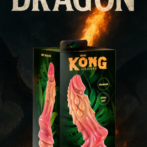 Gode The Dragon en silicone médical avec ventouse, design inspiré des créatures fantastiques, texture à reliefs pour sensations intenses. Boite devant visuel Dragon