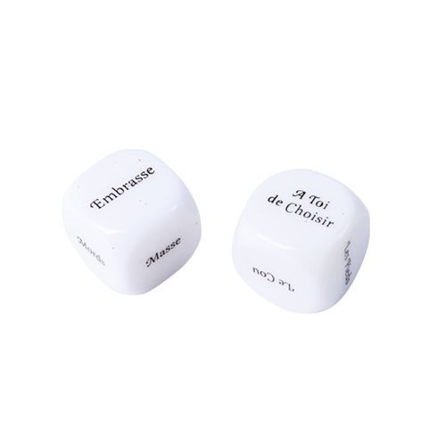 Jeu de 2 dés coquins blancs 2,5cm avec actions et parties du corps, accessoire ludique pour soirée à deux