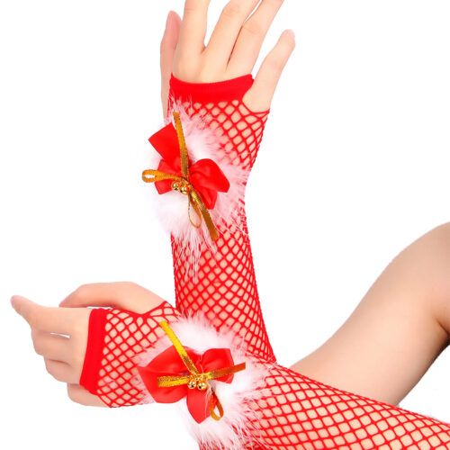 Mitaines rouges en résille avec nœuds dorés et plumes blanches – accessoire de Noël