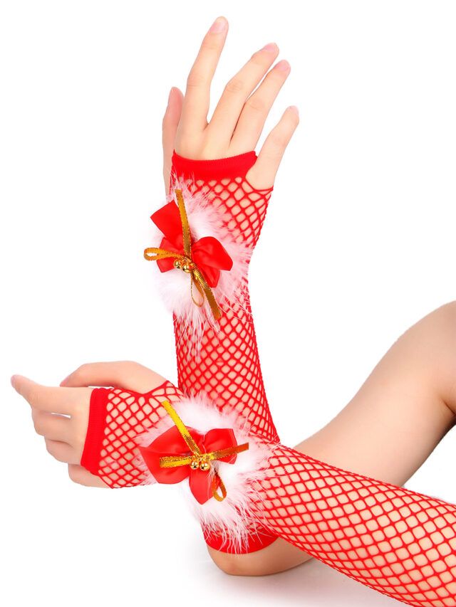 Mitaines rouges en résille avec nœuds dorés et plumes blanches – accessoire de Noël