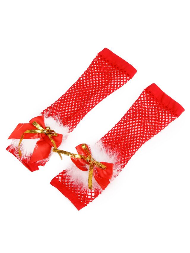 Détail des mitaines rouges avec grelots dorés et bordure blanche