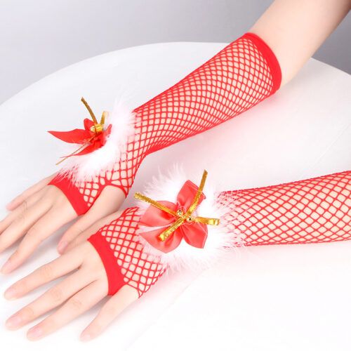 Mitaines rouges en résille avec nœuds dorés et plumes blanches – accessoire de Noël