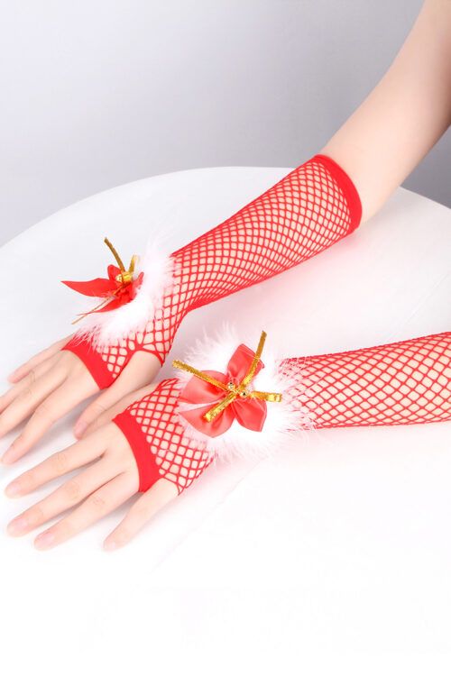 Mitaines rouges en résille avec nœuds dorés et plumes blanches – accessoire de Noël