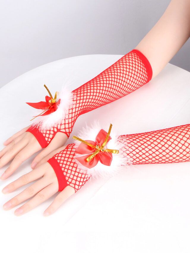 Mitaines rouges en résille avec nœuds dorés et plumes blanches – accessoire de Noël