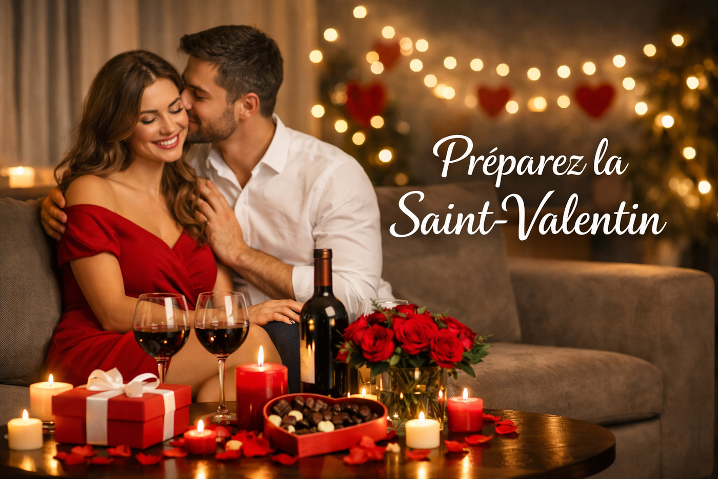 couple devant des décorations saint valentin soirée romantique