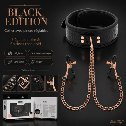 Collier adulte noir avec chaînes rose gold et pinces ajustables BEGME