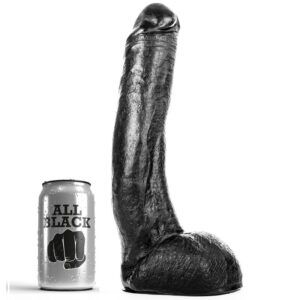 Packshot du gode ALL BLACK 29 cm avec canette comparative