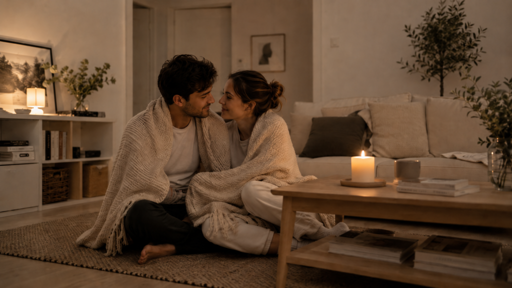 couple soirée romantique à la maison roseandfly