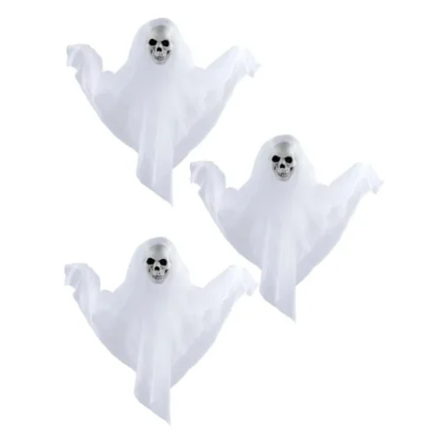 Lot de 3 fantômes blancs Halloween de 50 cm à suspendre avec tête de squelette roseandfly