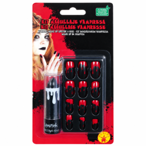 Kit maquillage vampire rouge à lèvres noir et faux ongles ensanglantés