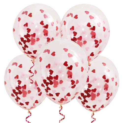 5 ballons transparents à confettis cœurs rouges