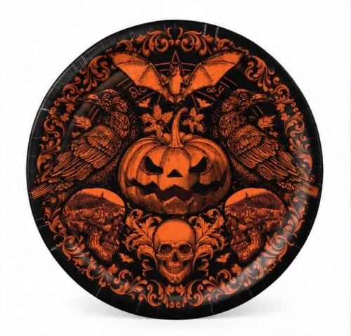 6 assiettes Halloween citrouille gothique 23 cm fond noir et orange.