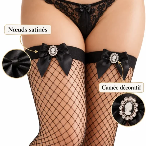bas résille noirs avec nœud et camée femme