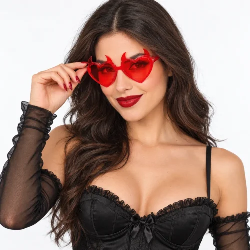 Lunettes cœurs rouges diaboliques portées pour un look Halloween.