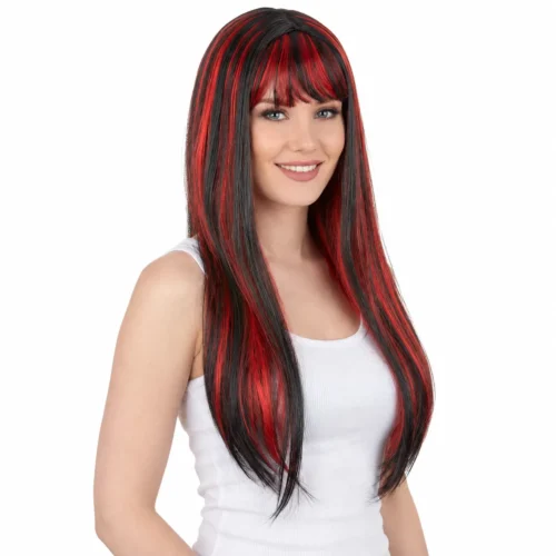 perruque longue noire et rouge avec frange femme
